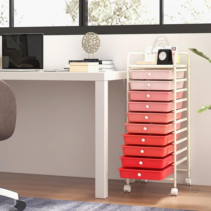 MEDIMALL 10 Drawers Rolling Storage Cart, Multipurpose Craft Storage Cart with Wheels, Mobile Tools Scrapbook Paper Organizer Cart for Office School Home Use