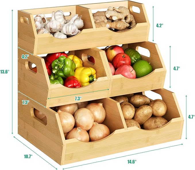 Onion Storage Bins Potato, 3 Tier Bamboo Pantry Storage Bin Stackable Ventilated Kitchen Organizer for Pantry, Countertop, Bathroom, Space-Saving, Easy Access Handle Natural Brown(Assembly Required)
