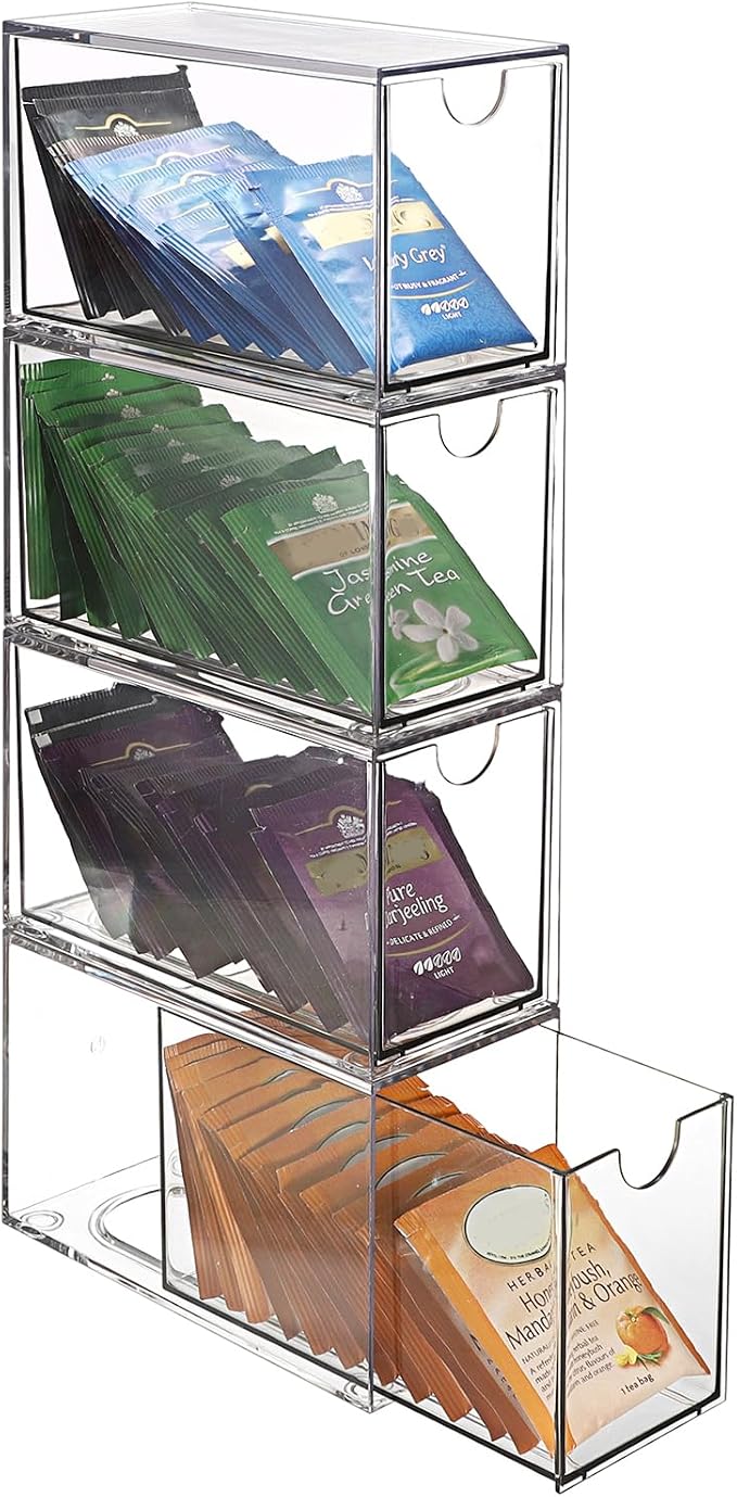 ELLDOO 4 Drawers Tea Bag Organizer, Clear Acrylic Stackable Tea Bag Storage Holder for Kitchen Pantry, Coffee Pod Snack Storage for Countertop Cabinet