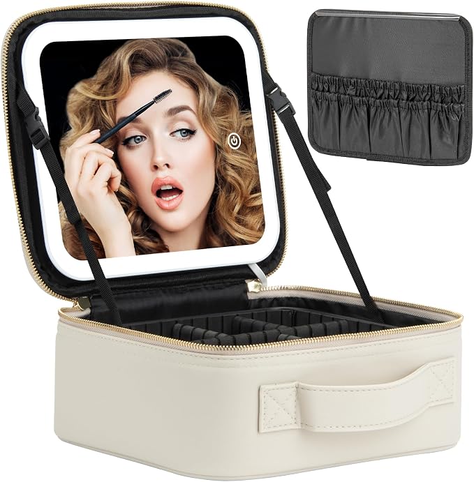 Extrei Gent Makeup Travel Train Case with Mirror LED Light 3 Adjustable Brightness Large Cosmetic Bag Portable Storage Adjustable Partition Waterproof Make up Brushes Makeup Jewelry Gift for Women