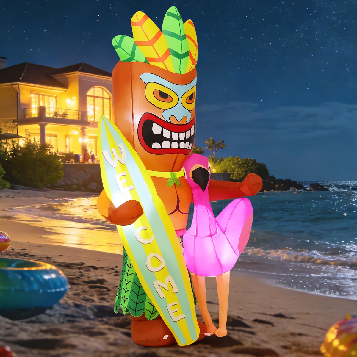 GOOSH 6 FT Summer Inflatables Tiki Luau Decorations Blow Up Yard with Flamingo and Surfboard Built-in LEDs for Hawaiian Party Beach Surfing Yard