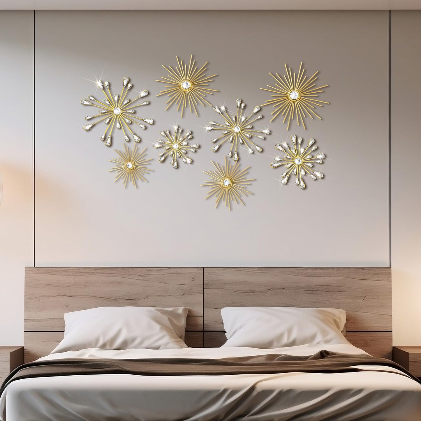 Blulu 8 Pcs Gold Metal Wall Art Cast Iron Starburst Wall Decor Bling Crystal Sculptures Living Room 3D Teardrop Radial Rhinestone Hanging Diamond Accents for Home Office Bedroom Entryway