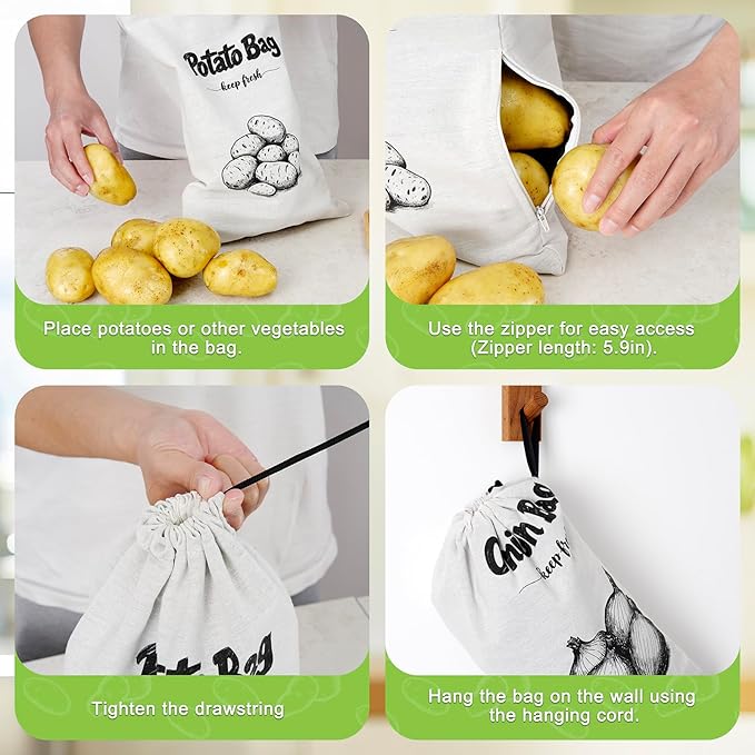 Onion Bag, Potato Bag, Vegetable Storage Bags, Reusable 8-Pound Potatoes Storage Bags With Light-Blocking Liner, Drawstring Closure & Side Access For Vegetable Keep Fresh 16"x11.4"(2Pack)