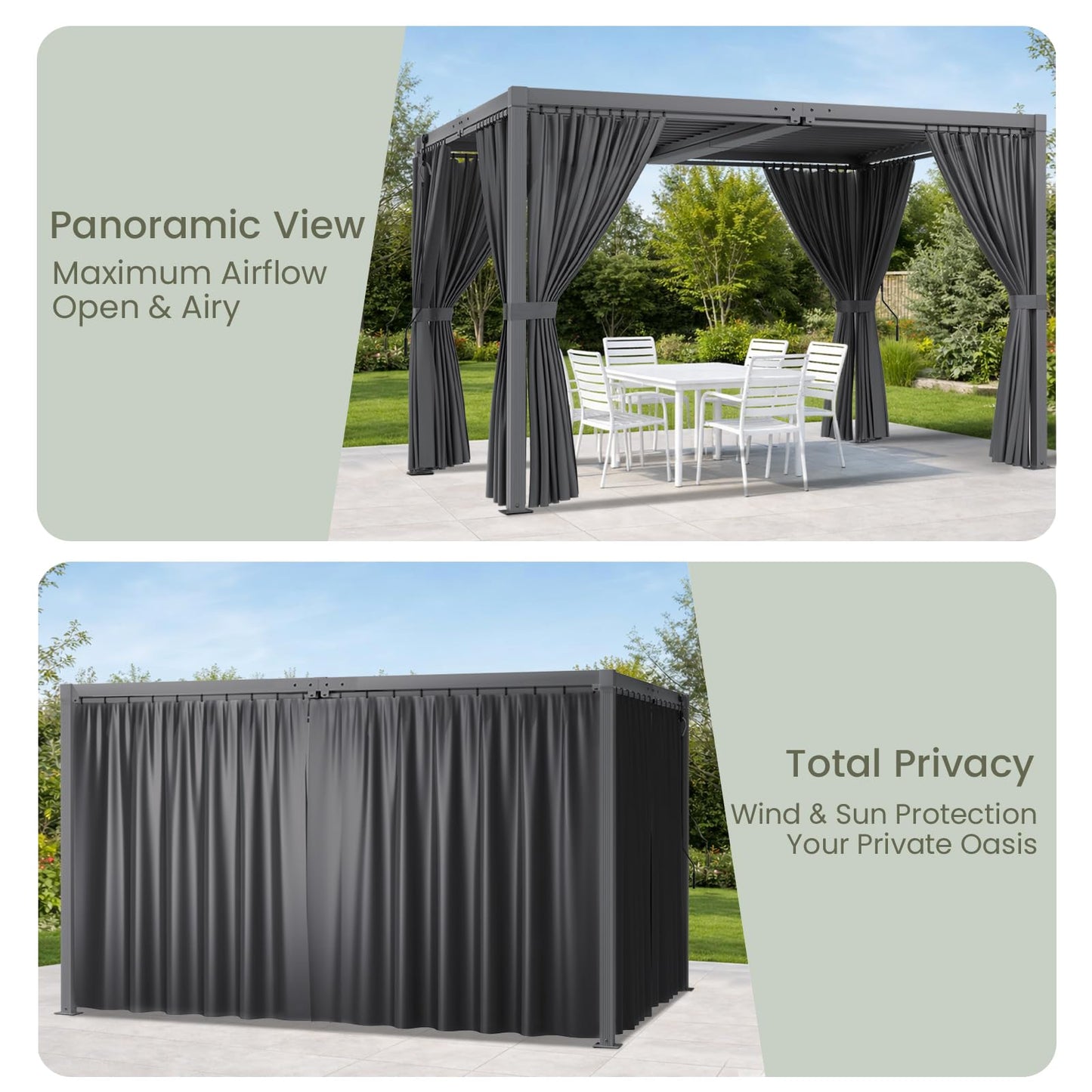 SAILARY Louvered Pergola 12' x 16' with Waterproof Curtains, Outdoor Aluminum Pergola with Reinforced Steel Roof, Heavy-Duty Hardtop Gazebo, Privacy Shaded Shelter, Grey