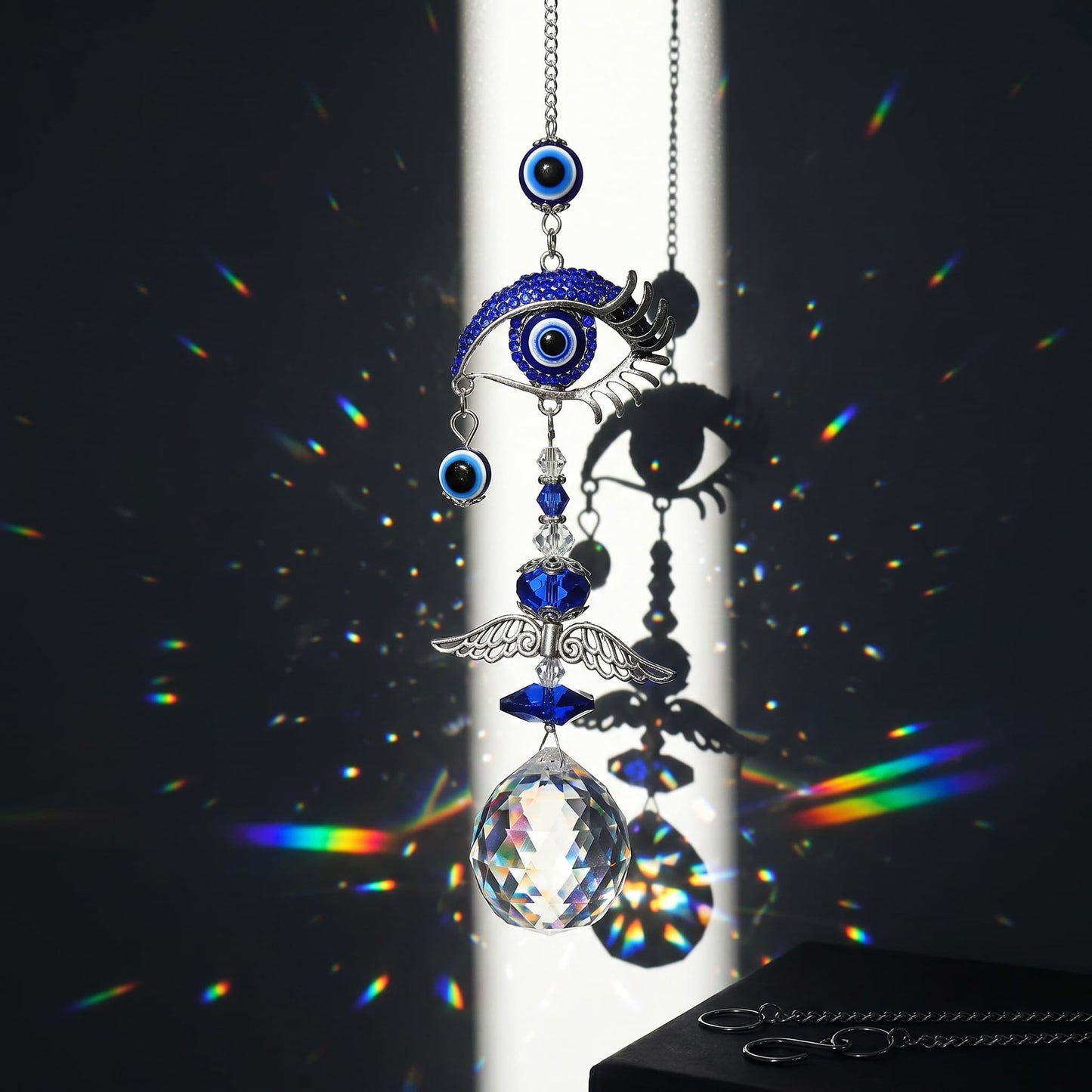 Crystal Suncatcher for Windows - Hanging Prism Sun Catchers with Crystal Balls&Blue Eye, Rainbow Maker for Home、 Garden、Car Decor (Evil Eye)