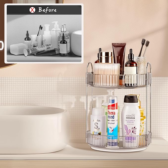 360 Rotating Makeup Organizer, 2 Tier Lazy Susan Bathroom Counter Organizer, Skincare Organizers, Spinning Perfume Organizer & Vanity Organizer Countertop (Classic Grey, 2 Tier)