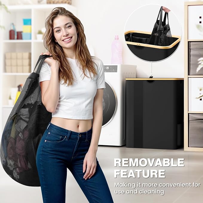 BlissTotes Laundry Basket with Lid, 150L Clothes Laundry Hamper with Handles and 2 Removable Laundry Bags, Breathable Design Hamper with Lid for Bedroom, Bathroom, Dorm, Laundry Room -Black