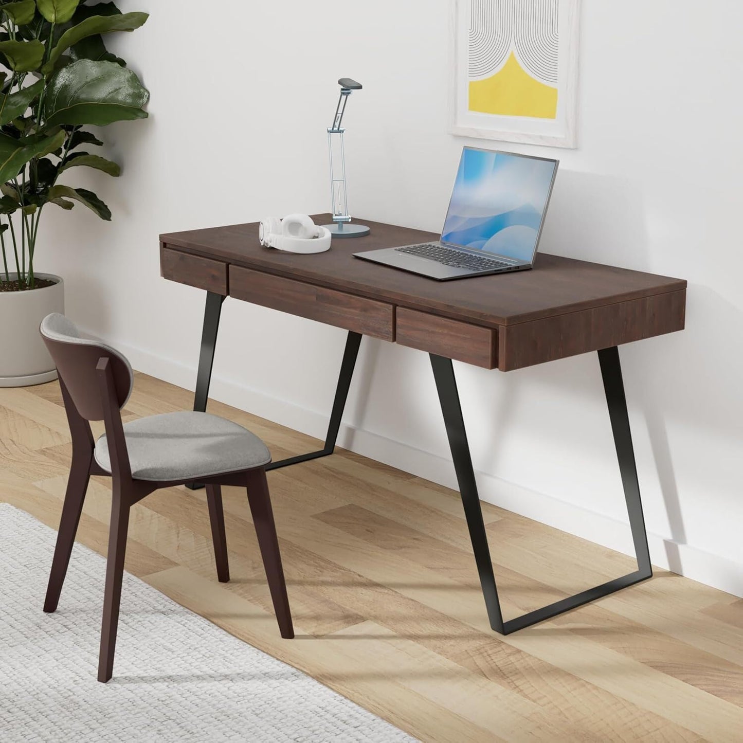 SIMPLIHOME Lowry Desk - 54 Inch Wide Solid Acacia Wood and Metal Writing Desk in Distressed Charcoal Brown, Modern Industrial Home Office Computer Table with 2 Drawers and Flip-Down Keyboard Tray
