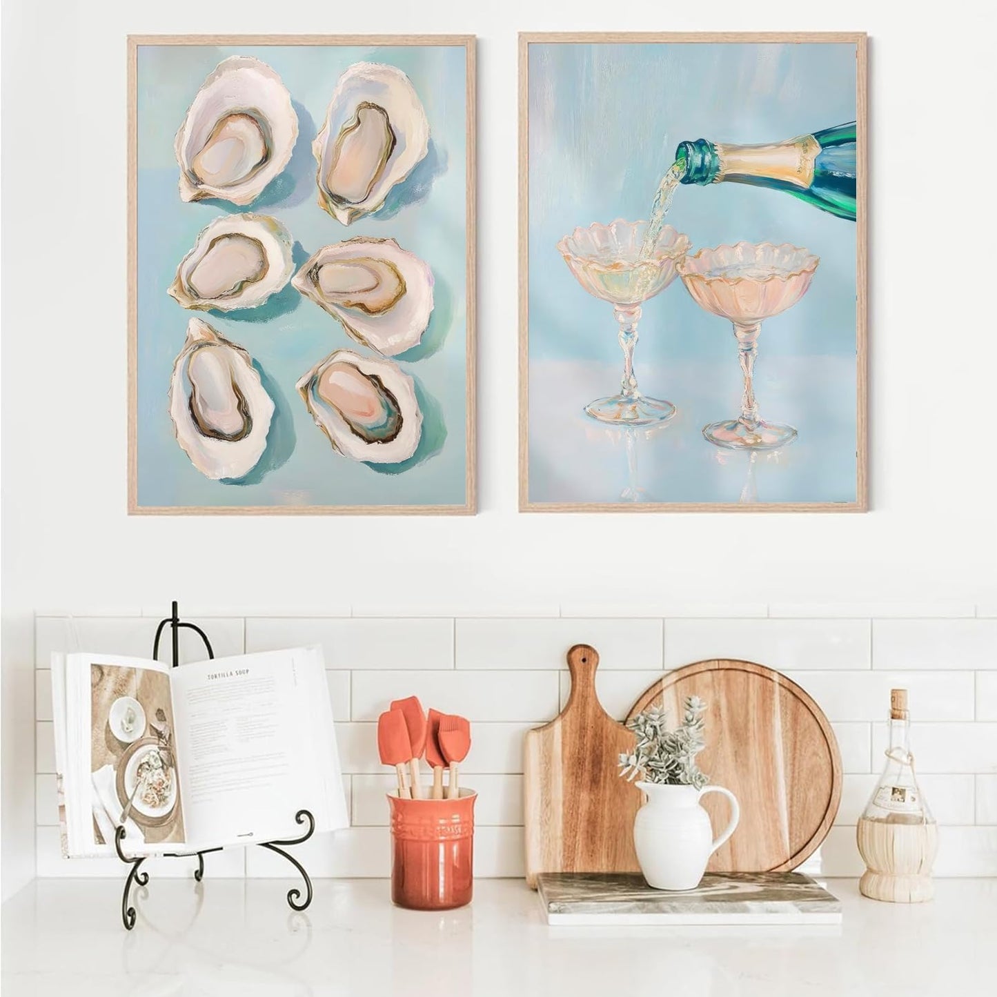 2Pcs Oyster Shell Wall Art Funky Bar Cart Cocktail Wall Decor Pictures Pastel Blue Wine Champagne Posters Print Girly Coastal Aesthetic Beach House Apartments Decoration Unframed 16x24in