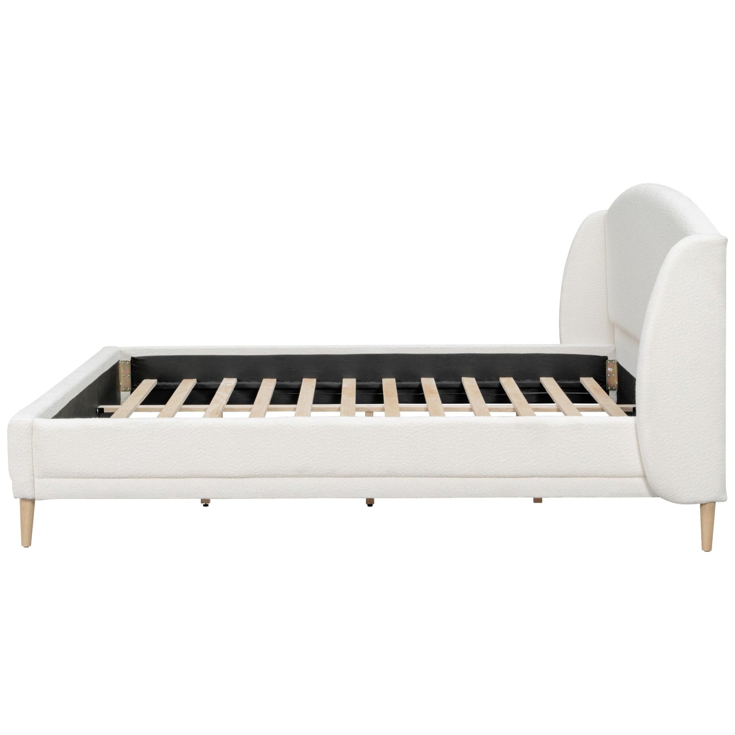 King Size Upholstered Platform Bed Frame with Boucle Fabric Wingback Headboard Solid Wood Legs No Box Spring Modern Bed Frame, White