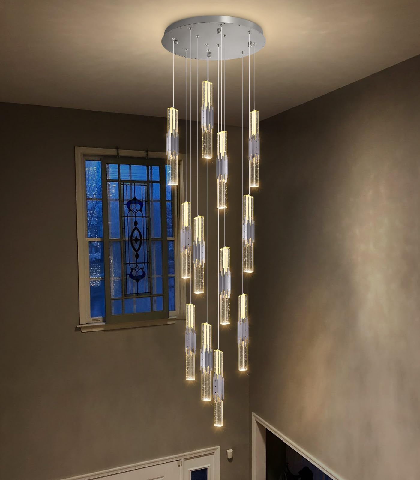12-Lights Modern Crystal Chandelier for High Ceiling Dimmable LED Pendant Lighting Long Light Chandelier for Staircase Foyer Enterway Living Room Silver