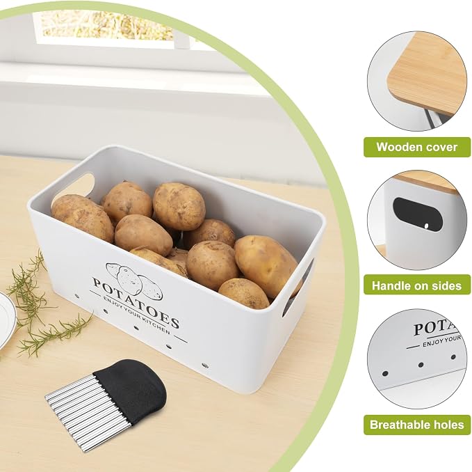 Kitchen Vegetable Storage Set of 3, Metal Onion Garlic Potato Storage Set, Kitchen Canisters Vegetable Keeper Containers with Aerating Holes and Bamboo Lid,White