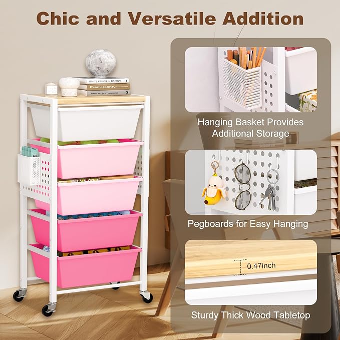 Rolling Cart with Drawers, Rolling Storage Cart with Large Plastic Drawers & Wooden Tabletop, Utility Cart with Pegboards & Basket, Storage Drawers Cart for Living Room, Classroom, Bedroom, Office