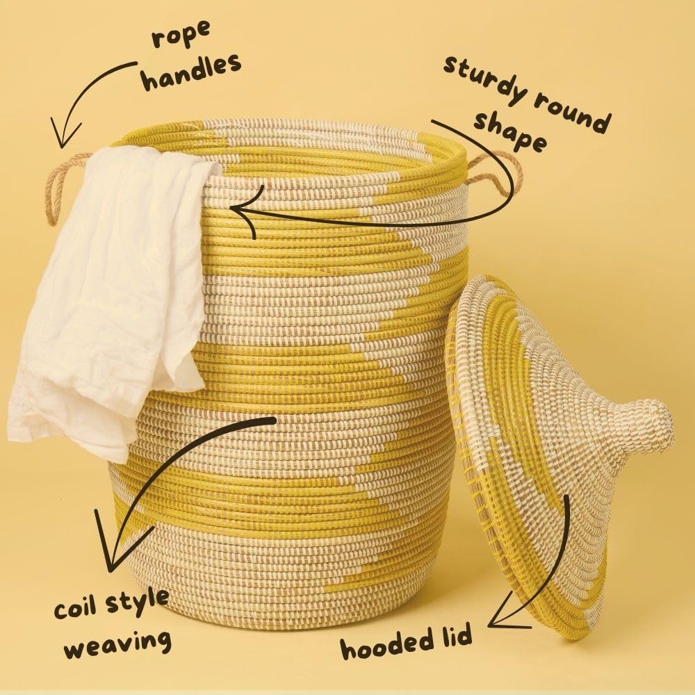 Medium Yellow Basket - Organize Bedroom, Living Room, Nursery - Laundry Hamper, Toy Bin, Blanket Storage, Towels Holder - Decorative, Boho Style - Wicker, Woven, Lid, Handles