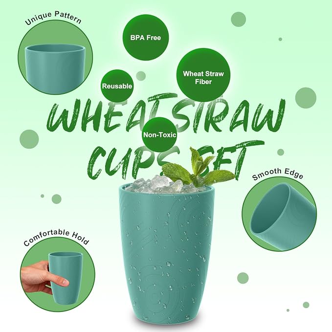 Reusable Wheat Straw Cups 6 PCS, Unbreakable 16 OZ Plastic Cup Alternative, Dishwasher Safe Drinking Glasses for Indoor & Outdoor Use, Green