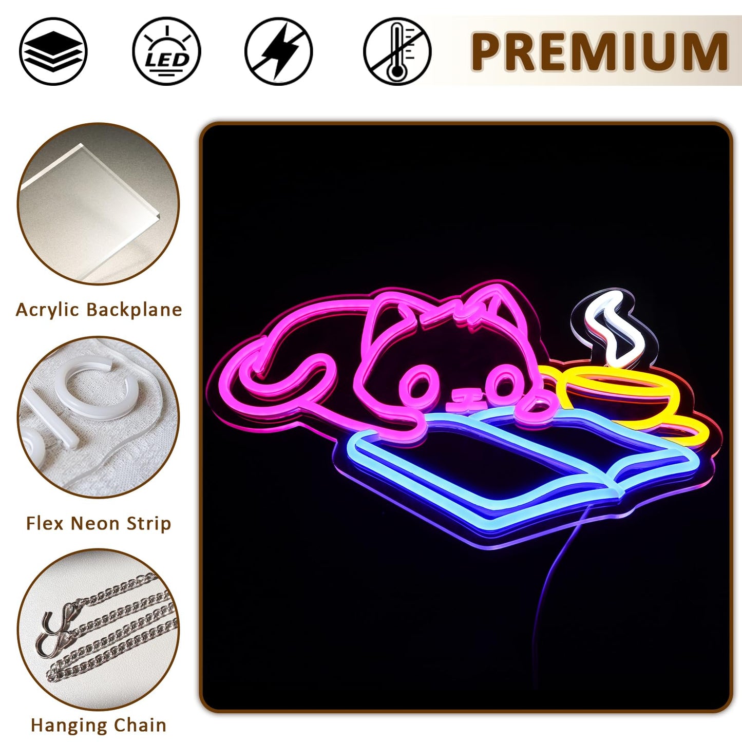PMCVYH Cat Reading Book Neon Sign for Wall Decor, Cute Cat Led Signs for Library, USB Dimmable Neon Lights for Classroom Reading Cafe Corner Bedroom Study Room Home Book Club Motivational Wall Art