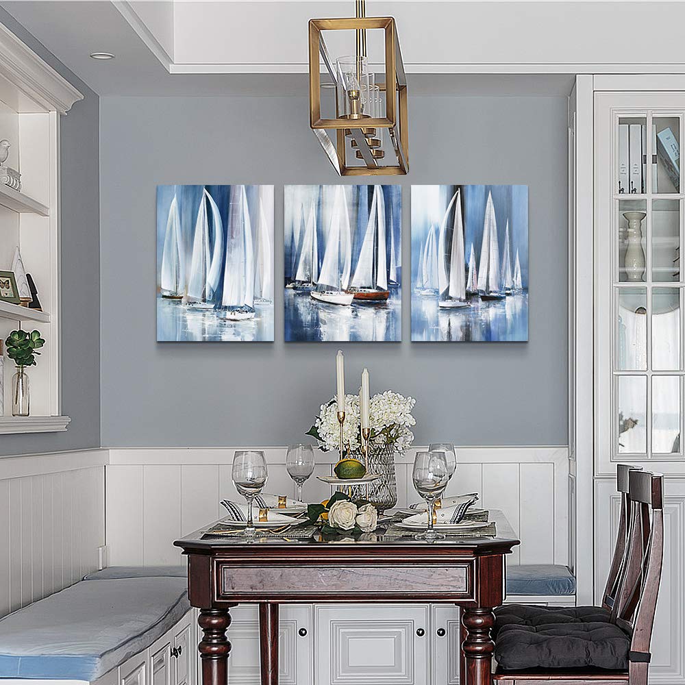 3 Piece Framed Canvas Wall Art For Living Room Bathroom Bedroom Wall Art Decor Ocean Landscape Sailboat Abstract Canvas Painting Ready To Hang Office Home Decoration Sea Poster Pictures Wall Artworks