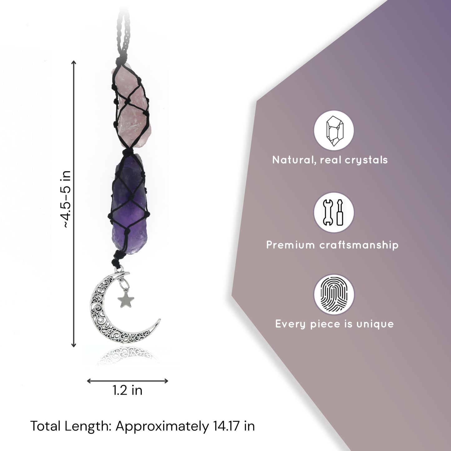BOHO GARDEN Crystal Hanging Car Charm - Purple Rear View Mirror Hanging Car Accessories for Women, Moon Decor Hanging Ornament, Witchy Gifts and Healing Stones - Rose Quartz & Amethyst