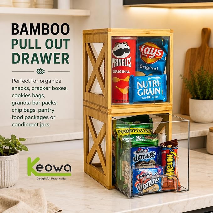 Stackable Bamboo Snack Drawer Organizer (2 Pack) – Pull-Out Storage Bins with Clear Acrylic Drawers – Pantry Storage for Snacks, Coffee Pods, Spices & K-Cups