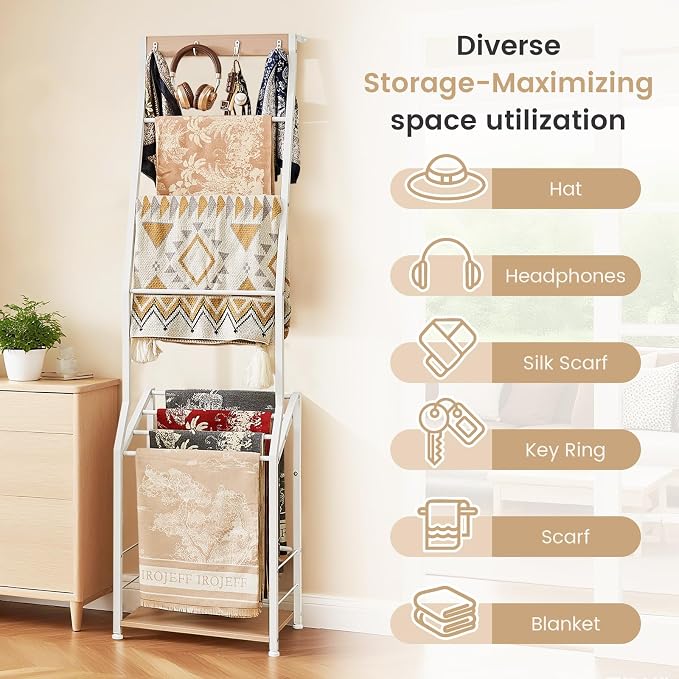 Pinzoveco Blanket Ladder, 7 Tier Blanket Ladders for The Living Room,Wooden Ladder Shelf with Hooks, 5.5ft Blanket Holder Rack Farmhouse Ladder Rack for Storage and Home Decor (White)