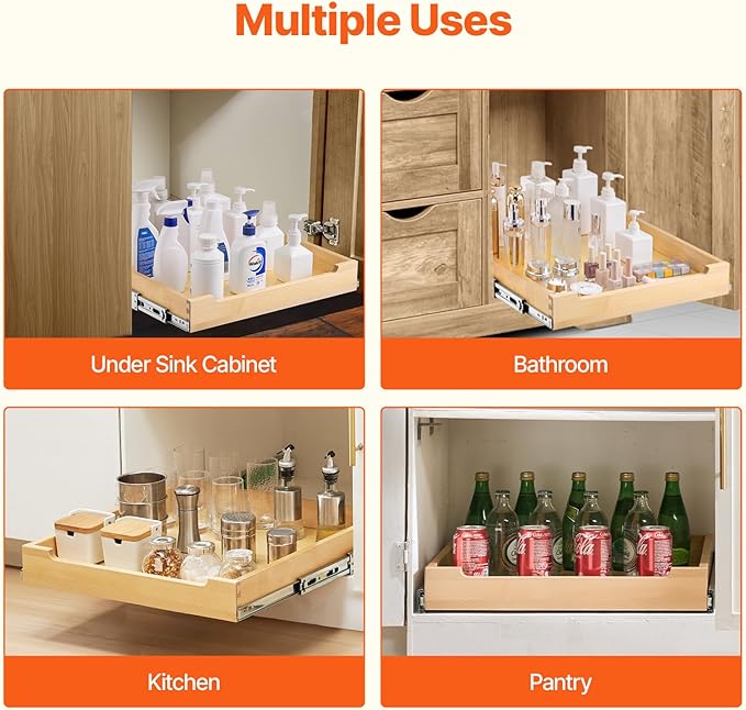 VEVOR Pull Out Cabinet Organizer, 20"W x 21"D Cabinet Drawer, Soft Close Slide out Shelf, Heavy-Duty Sliding Wood Drawer, Bottom Mount Size（20.5"W x 23"D）and Side Mount Size（21"W x 23"D）