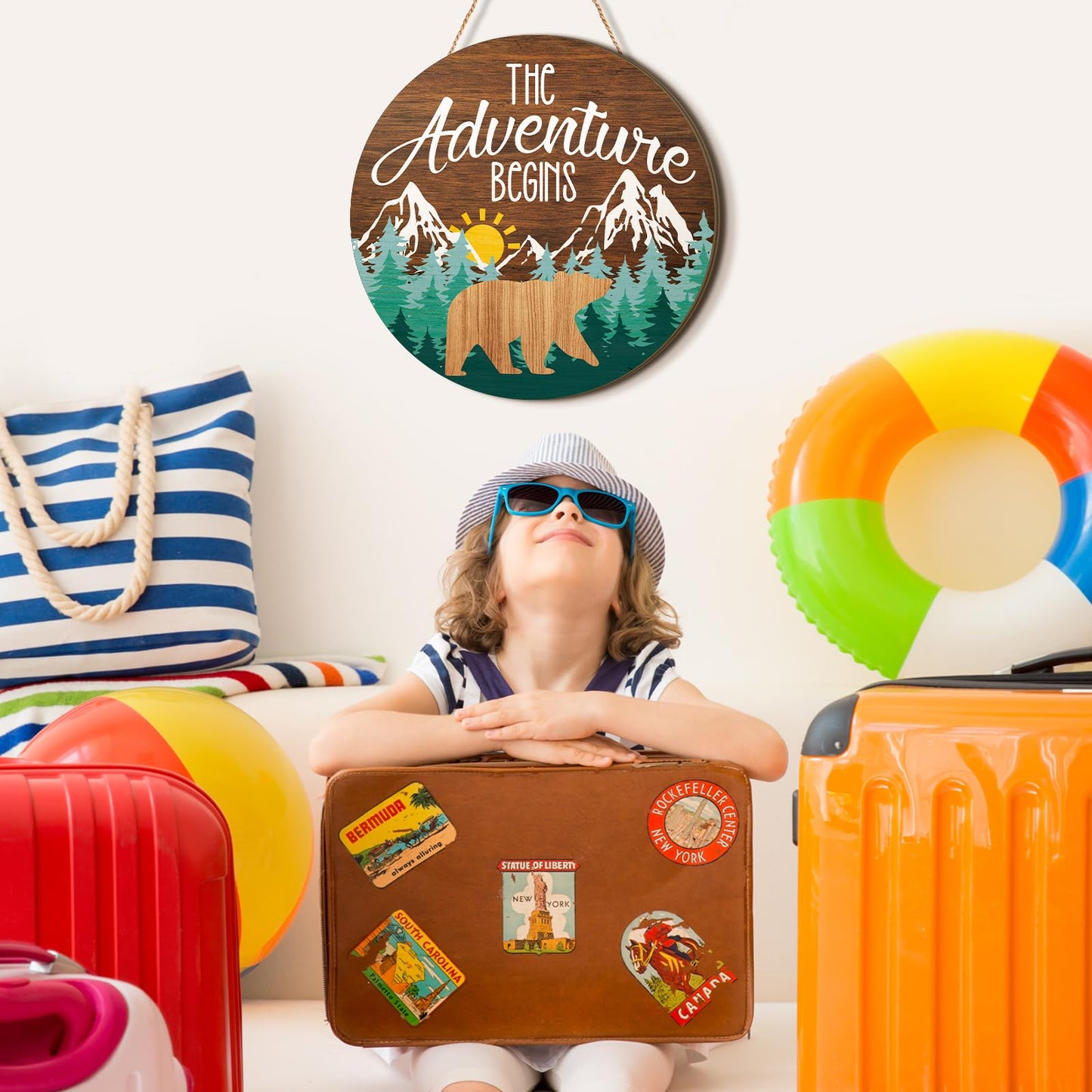Chunful The Adventure Begins Wooden Hanging Sign, 12 x 12'' Woodland Nursery Decor, Green Trees Brown Background Inspirational Quotes Wooden Plank Sign for Home Cabin, Forest Camping Sign