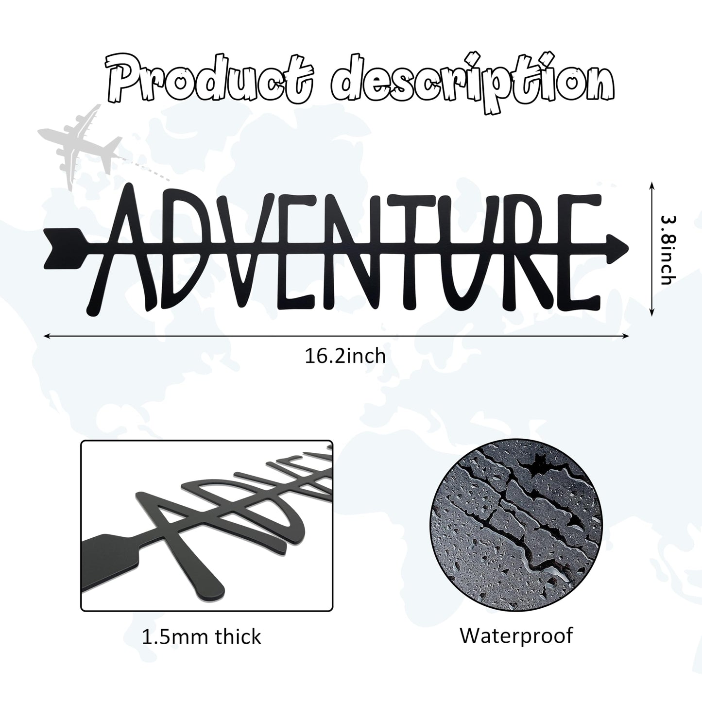 Noxozoqm Adventure Metal Sign - Travel Wall Art Decor for Home, Living Room, Bedroom, Office - Gift for Travel Lovers, 16.2 x 3.8 In, Black