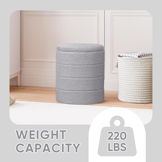 PINPLUS Round Storage Ottoman Foot Rest Stool with Tray Velvet Sherpa Folding Storage Ottoman,Boucle Foot Rest for Living Room, Bedroom, Dorm（Grey）