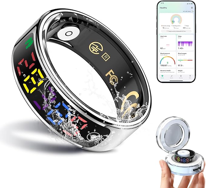 Smart Ring for Women Men, Health Ring with Colorful Display, Fitness Tracker with Heart Rate, Blood Oxygen, Sleep Monitor, No Subscription Fee, 5ATM Waterproof for iPhone & Android (Silver, 8)