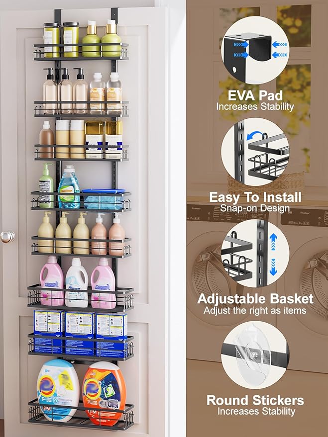 Delamu 9 Tier Over The Door Pantry Organizer, Pantry Organization and Storage, Hanging Spice Rack for Pantry Door Organizer, Metal Pantry Door Shelves for Kitchen Bathroom Laundry Room,15.3" Black