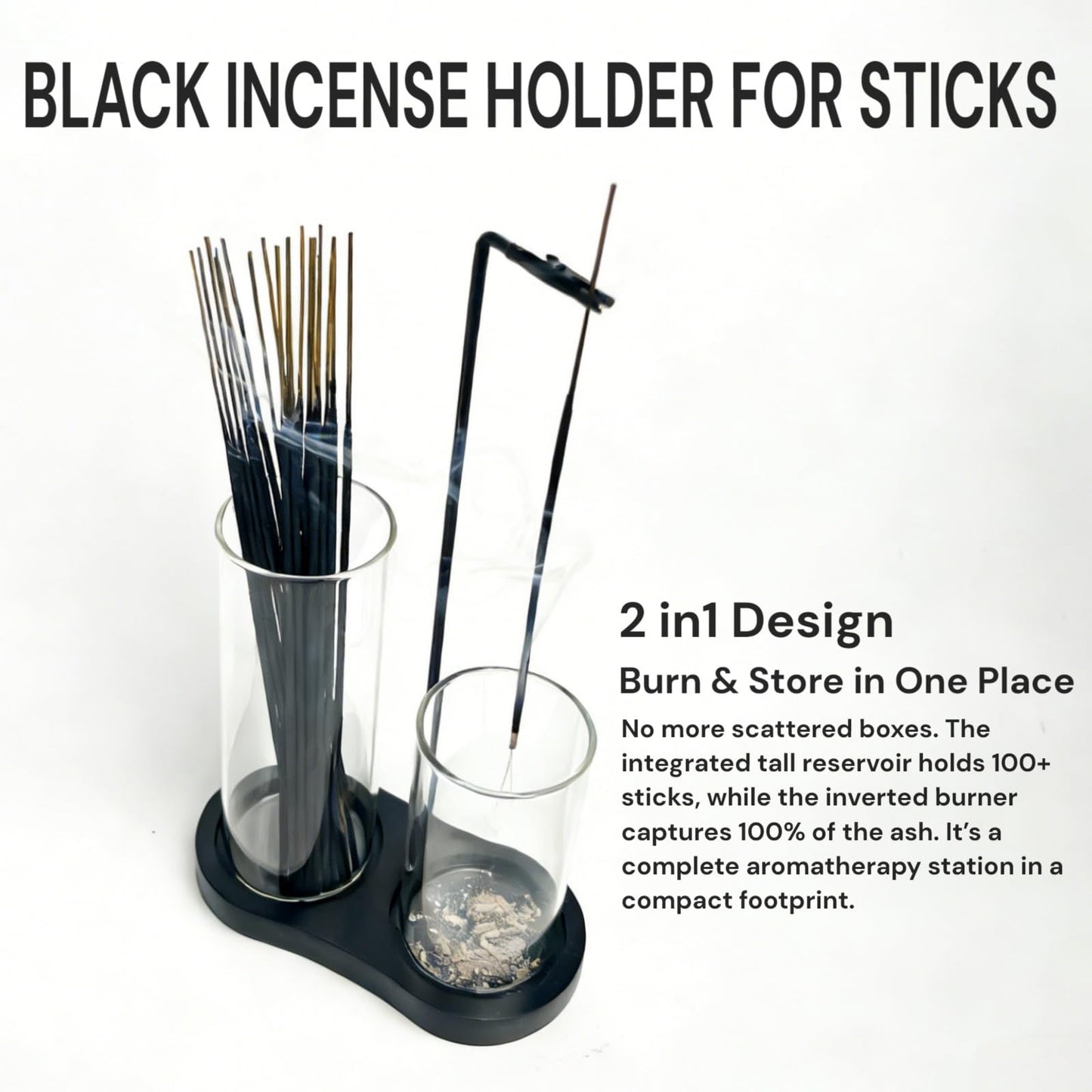 2 in 1 Black Incense Holder for Sticks with Glass Ash Catcher, Anti-Ash Incense Burner for Yoga Meditation Spa, Sleek Minimalist Decor & Incense Holder for Men, Includes Ash Brush