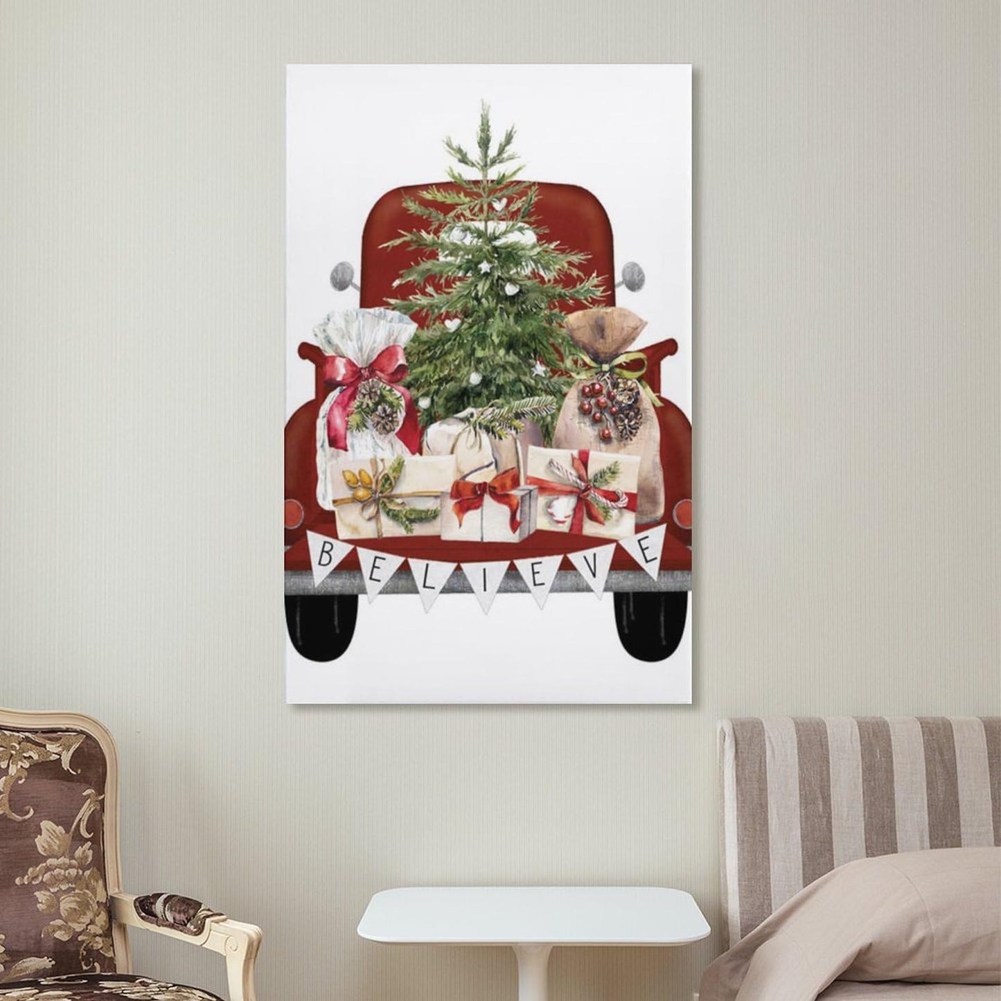 LohxA Festive Red Truck Believe Banner Tree Presents Print - Custom Holiday Wall Decor ， Christmas Signs P Canvas Wall Art Print Poster For Home School Office Decor 12x18inch(30x45cm)