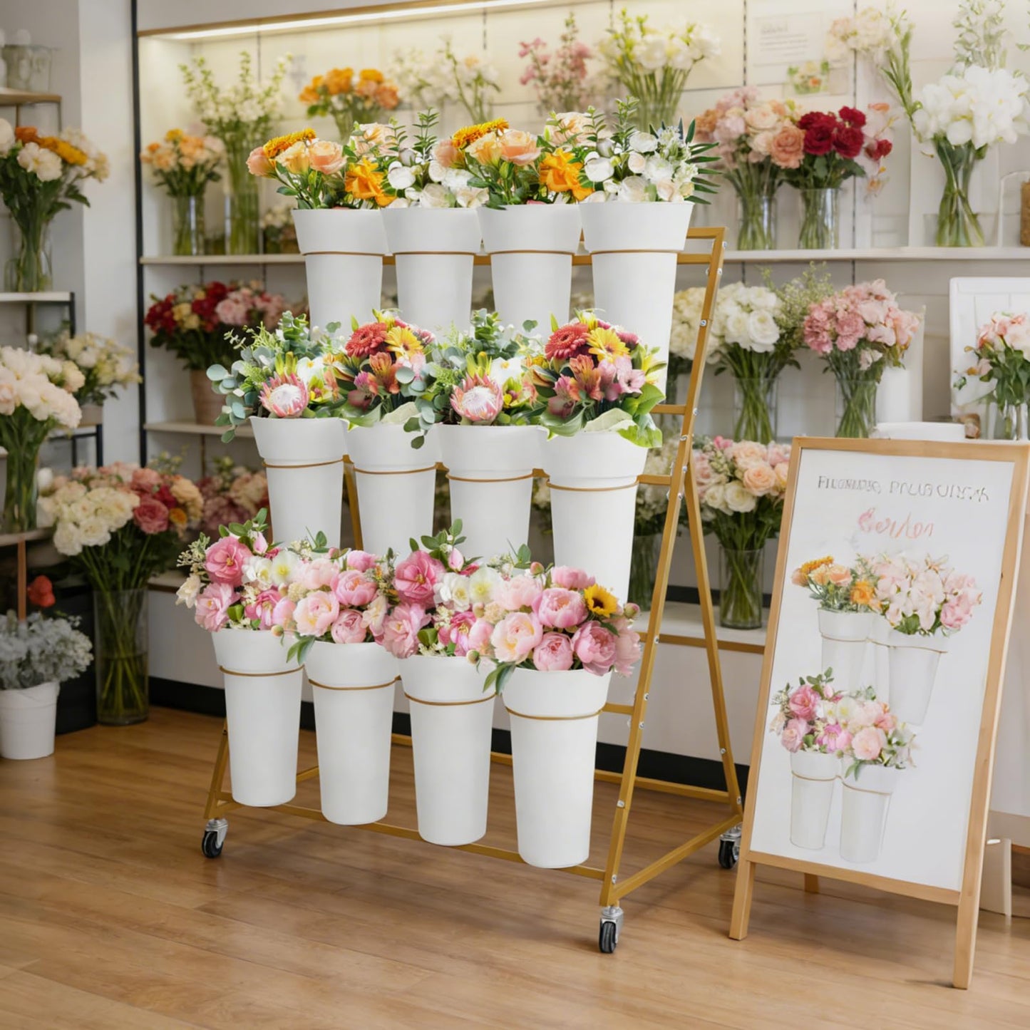Garvee Flower Display Stand,3 Tier Flower Cart with 12 Round Buckets and Wheels, Moving Flower Cart Display Stand for Garden, Wedding, Flower Shop,Gold