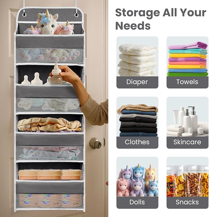 Over The Door Organizer with LifetimeWarranty, 4 Shelves & 4 Side Pockets, Large Storage Rack Holds 44lb, Heavy-Duty Reinforced Mesh Shelf for Bathroom, Closet, Toy Organization, Shoes, Towels, Grey