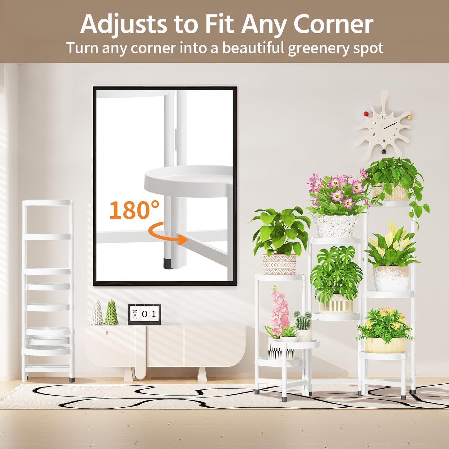 LASZOLA 8 Tiered Plant Stand Indoor Outdoor with Plastic Tray, Corner Folding Tall Flower Display Rack, Modern Plant Holder Shelf for Outdoor Patio Porch Garden Office Living Room, White