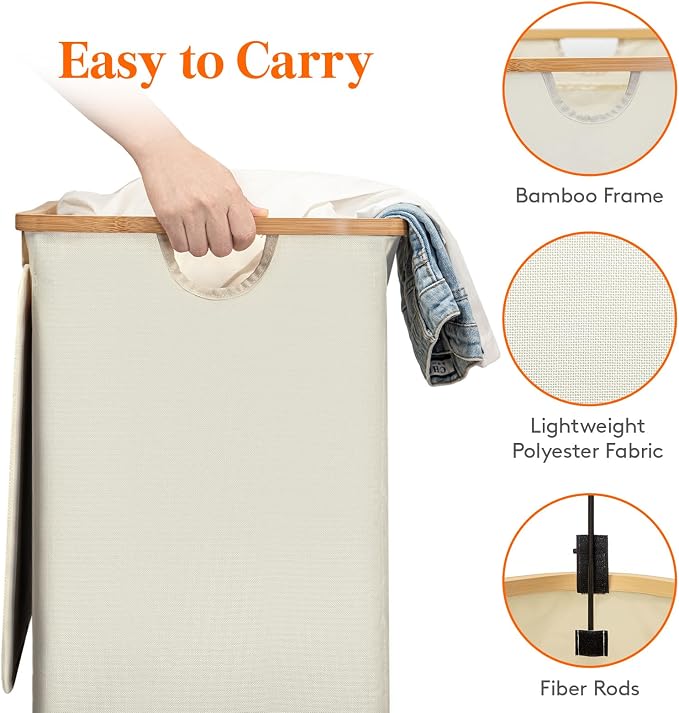 Lifewit 120L Double Laundry Hamper with Lid, Large Laundry Basket with Removable Bag & Bamboo Handles, Fodable Tall Dirty Clothes Hamper for Laundry Collapsible Bin for Bathroom Bedroom Dorm, Beige