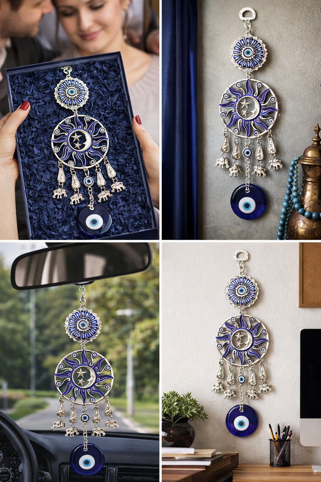 Turkish Sun,Moon & Stars Evil Eye Wall Hanging, Blue Nazar Glass Decor, Celestial Guardian Ornament for Home -CL17