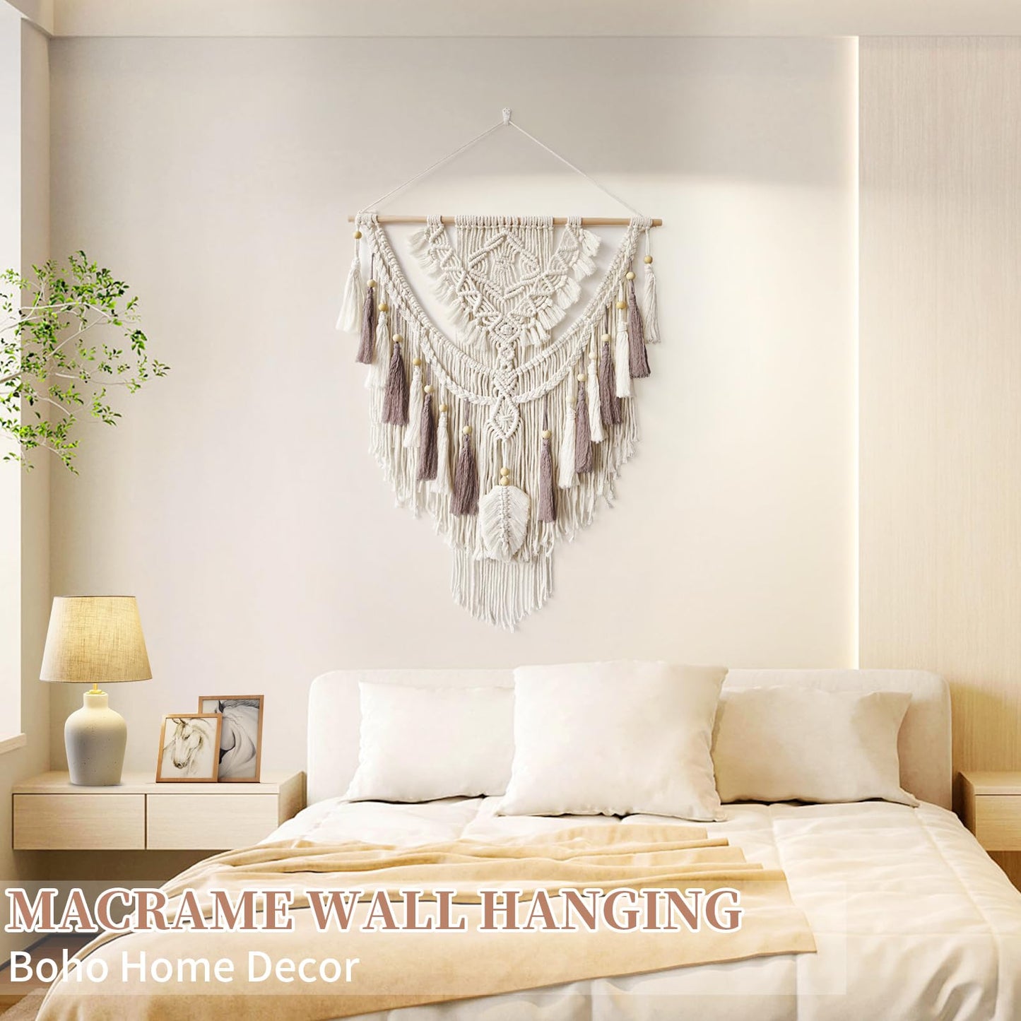 Lokeisna Macrame Wall Hanging, Woven Tapestry Beige & Dusty Rose Handmade Craft Macrame Wall Decor, Gallery & Nursery, Size 37.4” Lx27.5” W