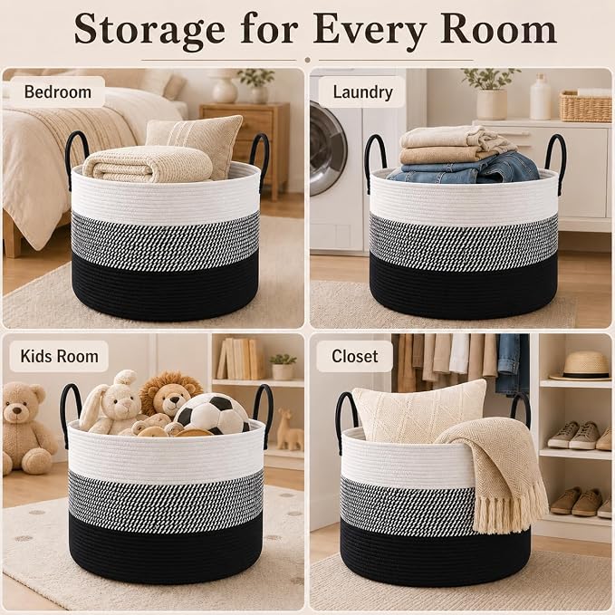 JMvicyroam 65L Extra Large Blanket Basket for Living Room - Woven Cotton Rope Laundry Hamper with Reinforced Handles - Storage Bin for Pillows, Comforters & Toys - Machine Washable,White&Black Mix