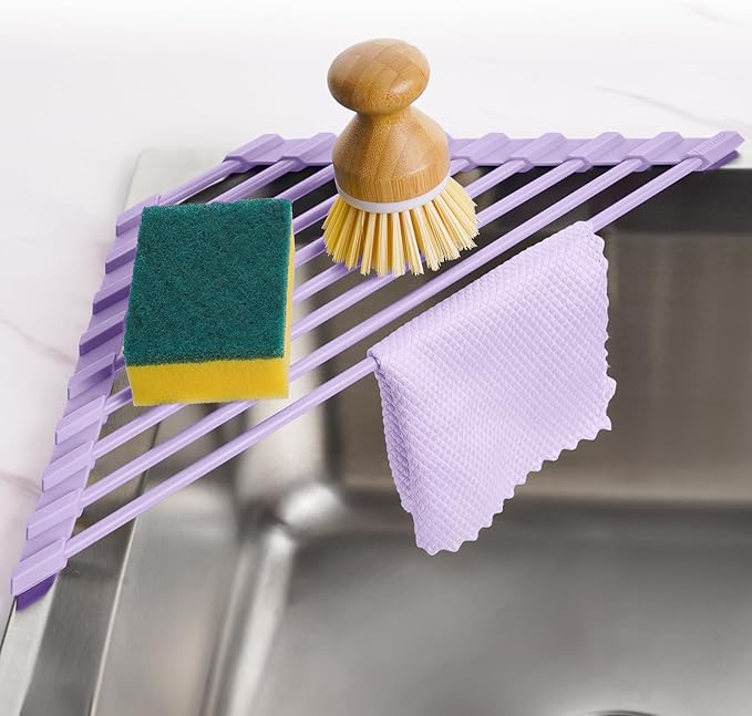 Tomorotec Compact Silicone-Coated Triangle Dish Drying Rack for Sink Corner - Foldable Stainless Steel Over-The-Sink Organizer and Storage Shelf (Light Purple)