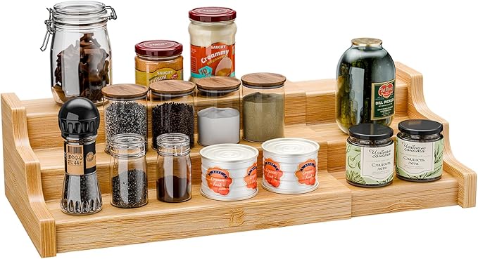 Simple Trending Spice Rack Kitchen Cabinet Organizer, 3 Tier Bamboo Expandable Spice Storage, Display Shelf for Cupboard, Pantry, Yellow