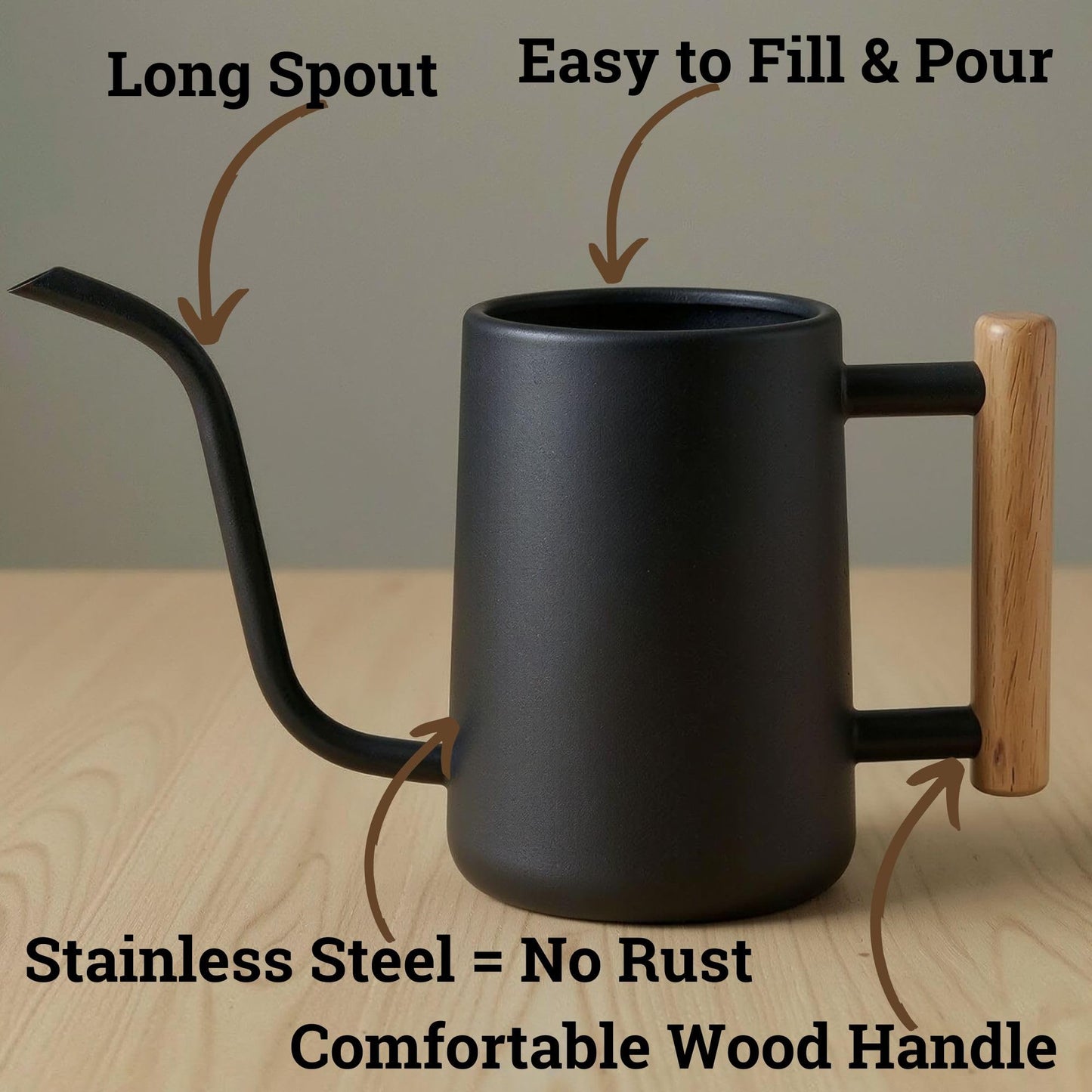 35 Ounce Metal Small Indoor Watering Can with Long Spout & Real Wood Handle for House Plants, Succulents, Cacti & Seedlings - Black Long Spout Watering Can Indoor Plants - Gentle Flow & No Spills