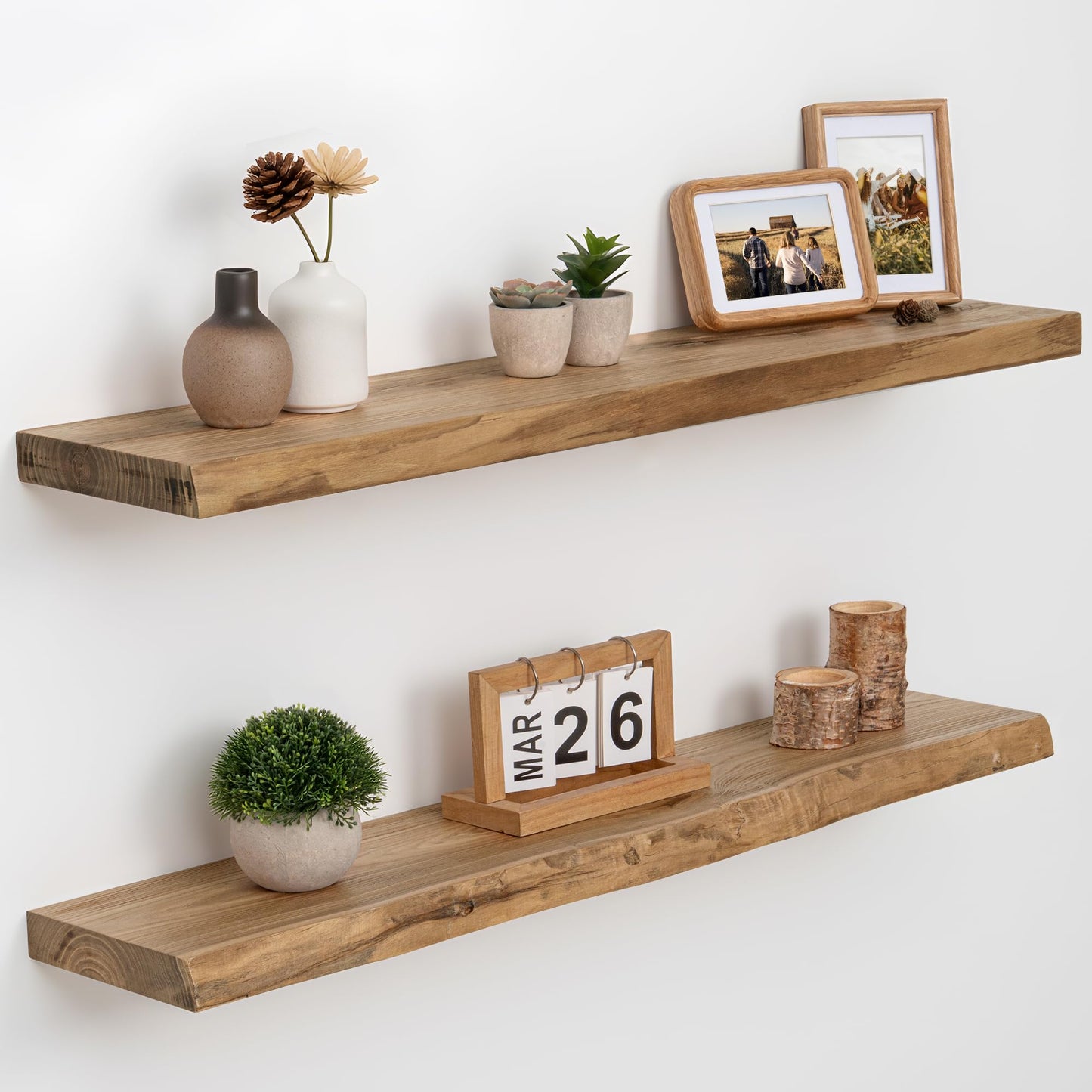 Axeman 36 inch Live Edge Floating Shelves for Wall, 8 Inch Deep Solid Locust Wood Wall Shelves - Rustic Wooden Shelves with Invisible Brackets for Living Room Bedroom Kitchen, Set of 2