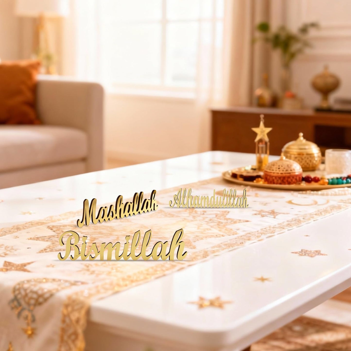 flangairy 3 Pcs Ramadan Decorations Home 2026, Wooden Gold Acrylic Bismillah Alhamdulillah Mashallah Sign, Wood Eid Mubarak Islamic Allah Table Stand Fireplace Office Desk Mosque Decor, Muslim Gifts