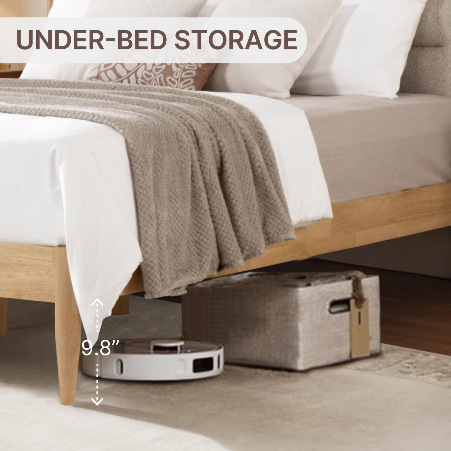 KISLOT Wood Bed Frame with Upholstered Headboard Wooden Platform with Silent Slat Support Mattress Foundation No Box Spring Needed, Easy Assembly