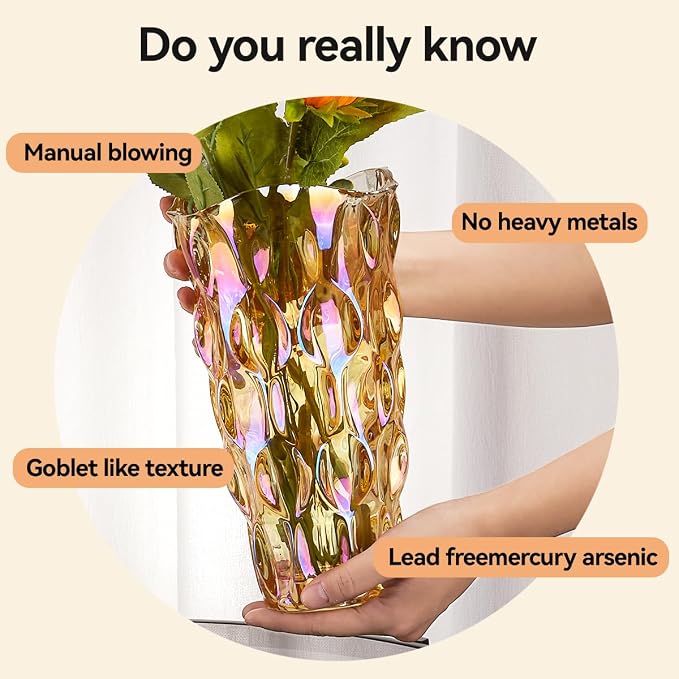 CEMABT 9.5inch 3.4 lb Glass Vases for Flowers Unbreakable Thickened Morden vase for Tables Centerpieces,Colorful,Vintage and Clear Rose Large Flower vases for Bouquet Unique Gifts（Gold）
