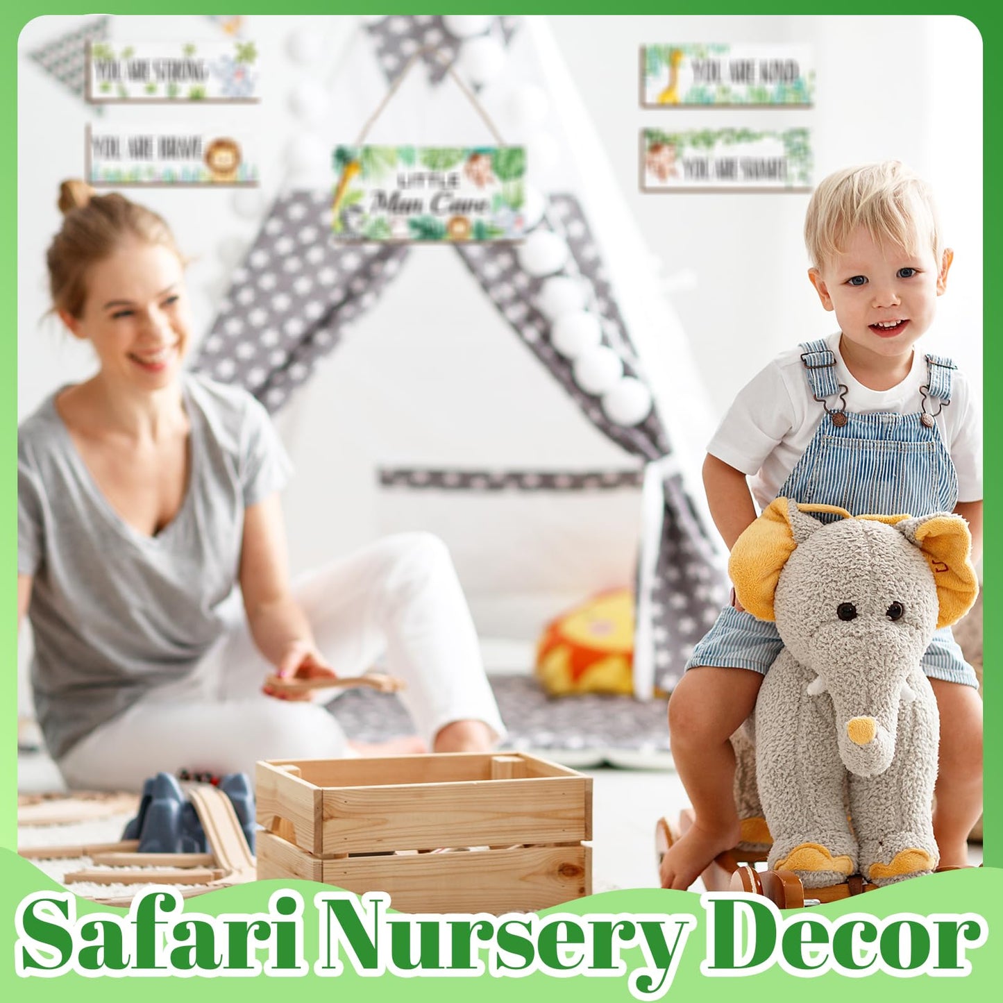Guiqulai Safari Nursery Decor Woodland Animal Theme Little Man Cave Sign Safari Wall Decor for Toddler Boy Kids Bedroom Living Room, Wooden Animal Wall Art Decorations