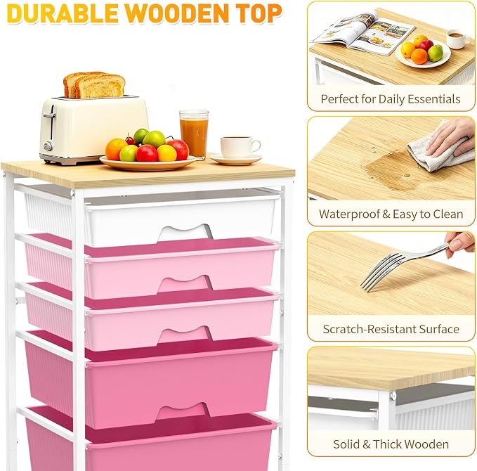 SUNALLY Rolling Storage Utility Cart With 5 Drawers, 5 Tier Rolling Cart with Wooden Tabletop and 2 Lockable Wheels, Storage Drawer Cart for Craft Art Supply Storage & Home Office Organization, Pink