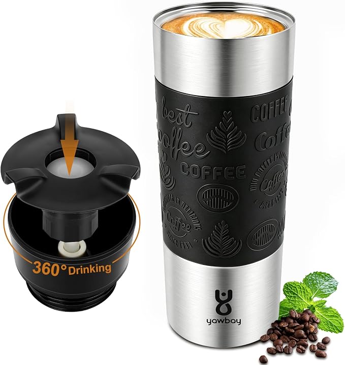 Travel Coffee Mug with 360°Lid, Travel Coffee Tumbler 16 oz Leak Proof, Stainless Steel Insulated Travel Mugs for Hot and Cold Spill Proof Leak Proof(Black)