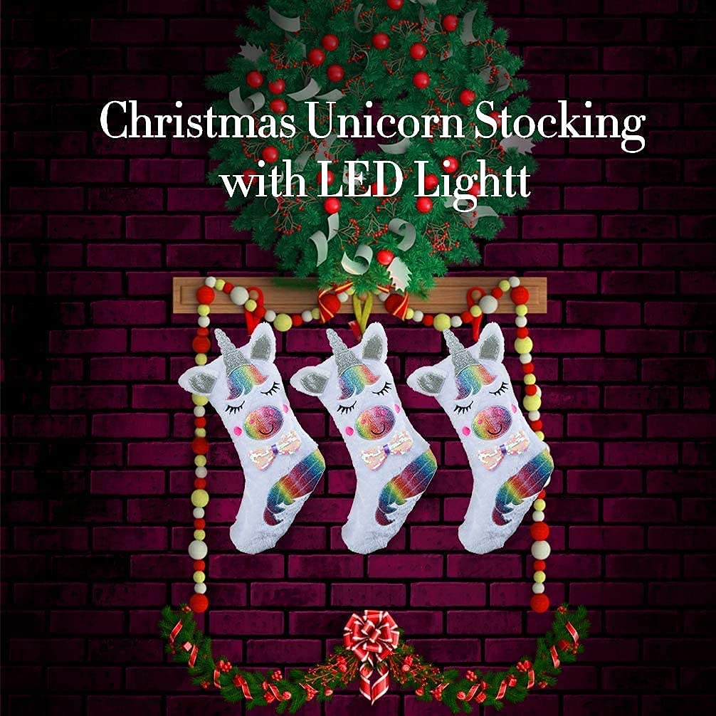 shelly home Christmas Stocking with LED Light Unicorn Sparkly Sequins Stockings for Christmas Decoration